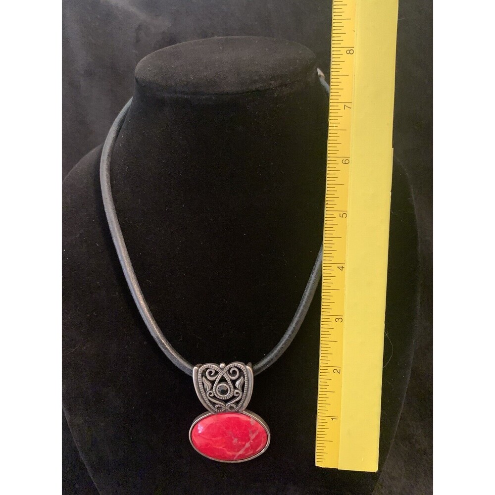 Signed Chico's Red Stone Necklace Pendant Black Cord Adjustable Silvertone - Picture 7 of 7